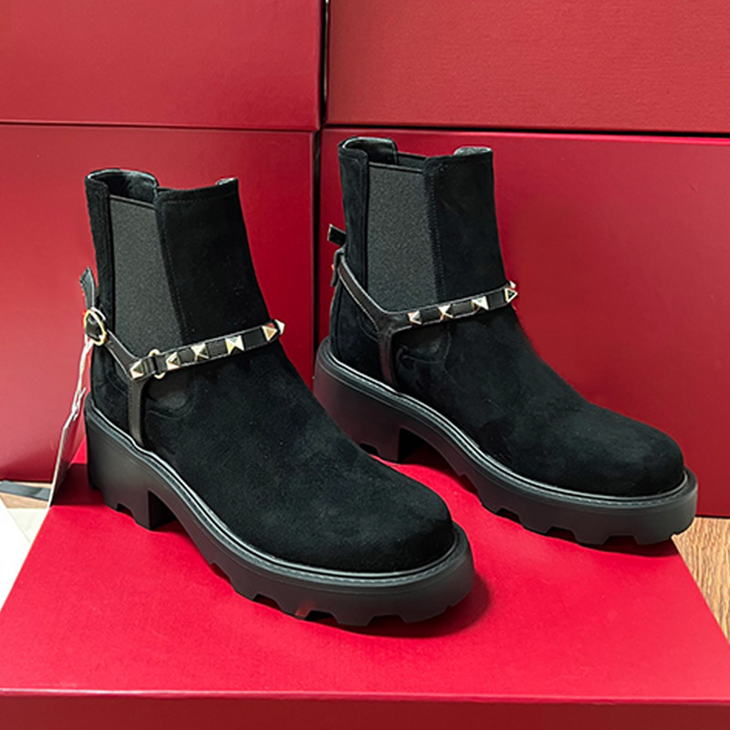 Designer Imitation Suede Womens Leather Booties Side Elastic Ankle Bare Boots Willow Nail Ribbon Ladies Shoe Retro Streetwear Womens Shoeies