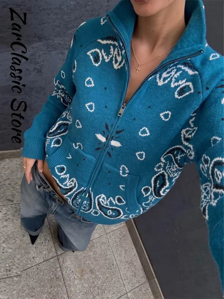 Vintage Paisley Jacquard Womens Cardigan Autumn Stand Neck Zipup Knit Sweater Lady Casual Elegant Winter Clothes 2026 260918