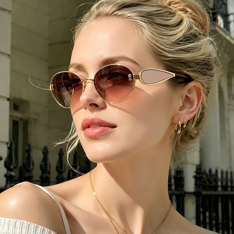 New European and American metal sunglasses, light luxury style, oval side frame, retro niche design, sun protection glasses