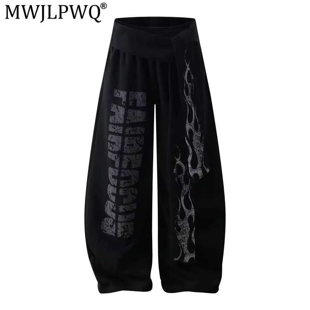 MWJLPWQ Letter Print Scimitar Casual Pants Men's Vibe Trendy Waistband Tie Wide Leg Sports Sweatpants 2026 Autumn New 20346 Q260917