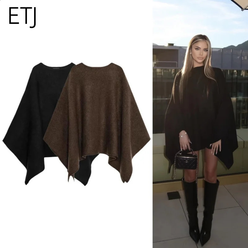 ETJ women's fashion oversized loose version of the round neck cape sweater solid color bat sleeve sweater 260917