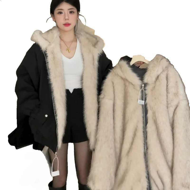 2025 Winter Thick Plush Retro Loose Stitching Hooded Plush Warm Jacket Double-sided Wear Harajuku Casual Jacket Women Coat 260917