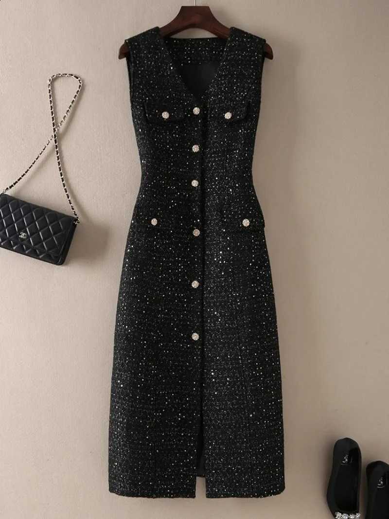 Retro Small New Fragrance Tweed Vest Dress Women Elegant Sequins Slim Waist V-neck Sleeveless High End Party Dresses Vestdios C260917