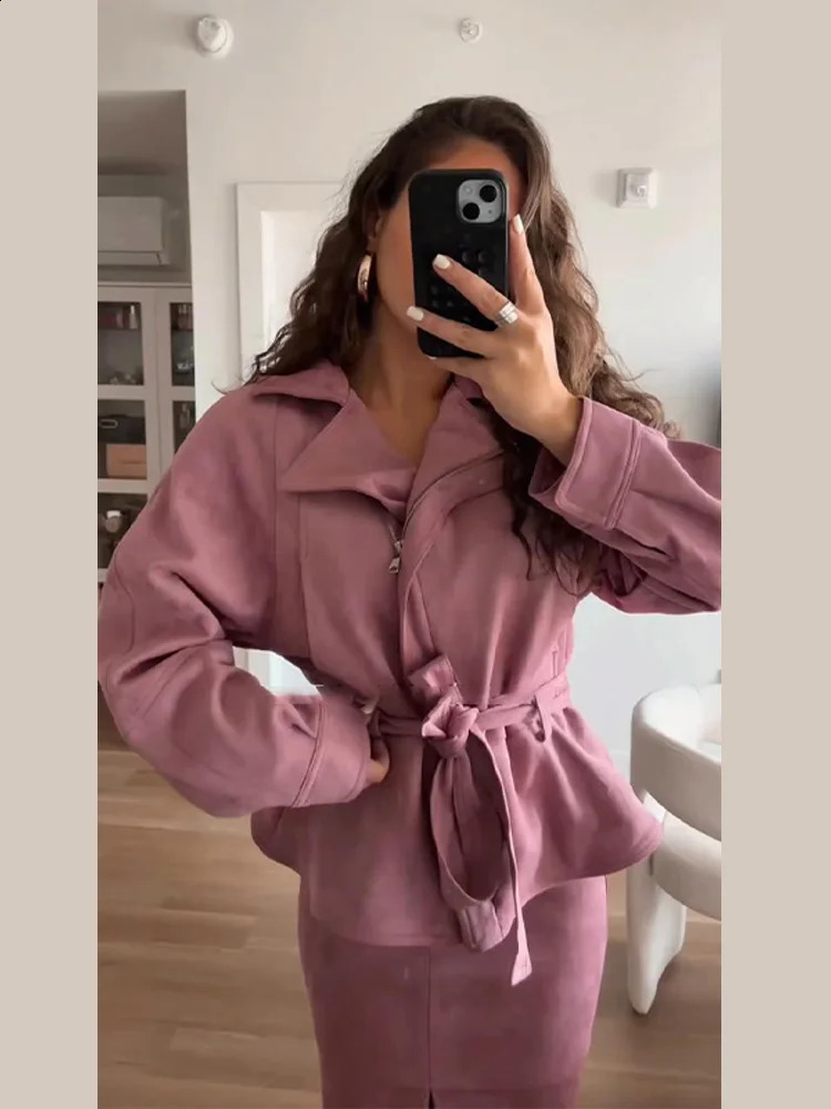 Women's Faux Suede Cropped Trench Coat Jacket Belted Notched Lapel Lace-up Retro Chic Outerwear Spring High Street Outfit 260917