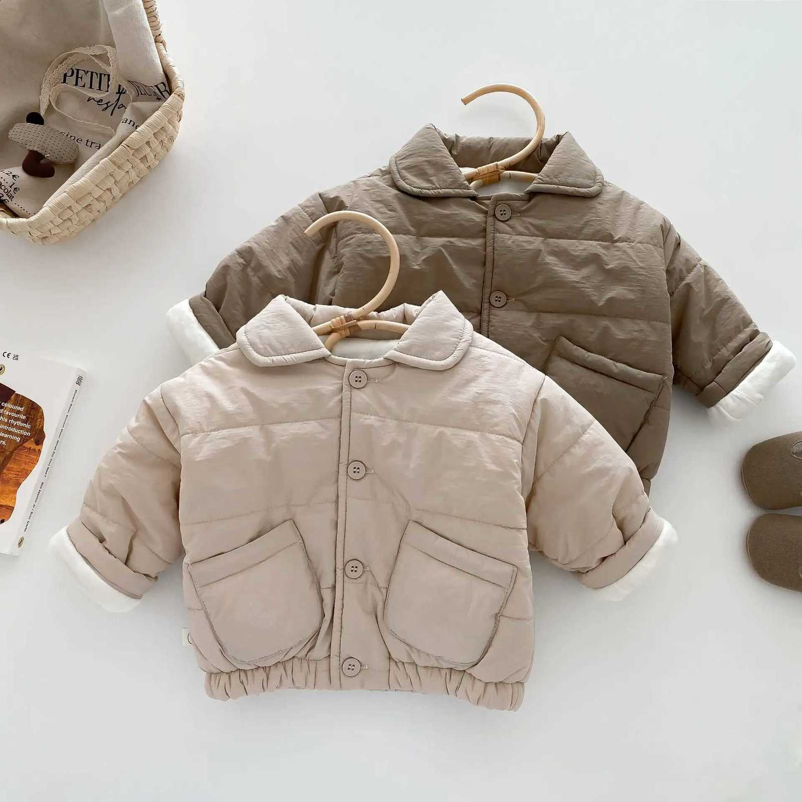 MILANCEL Baby Children's Winter Clothing Solid Color Cotton Jacket 0-5Y Girls Simple Pocket Outwear Boys Fur Lining Warm CoatQ260917