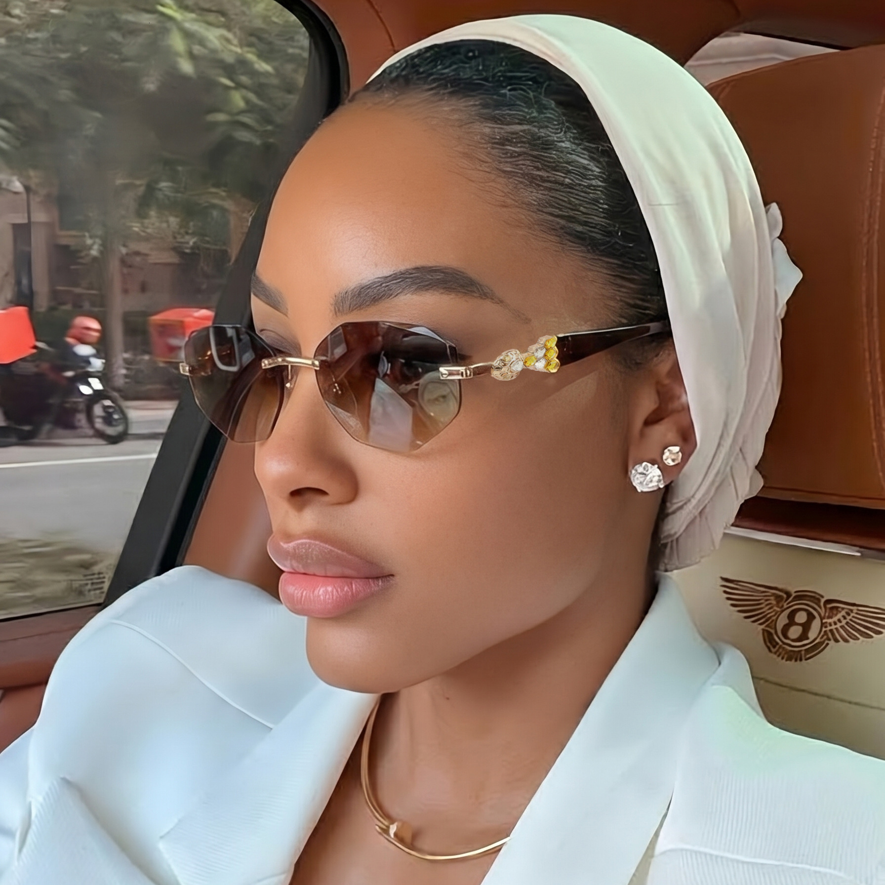 European and American frameless oval cat eyes, women's square slim fit fashionable glasses, lightweight and luxurious sunglasses Y2k retro stre