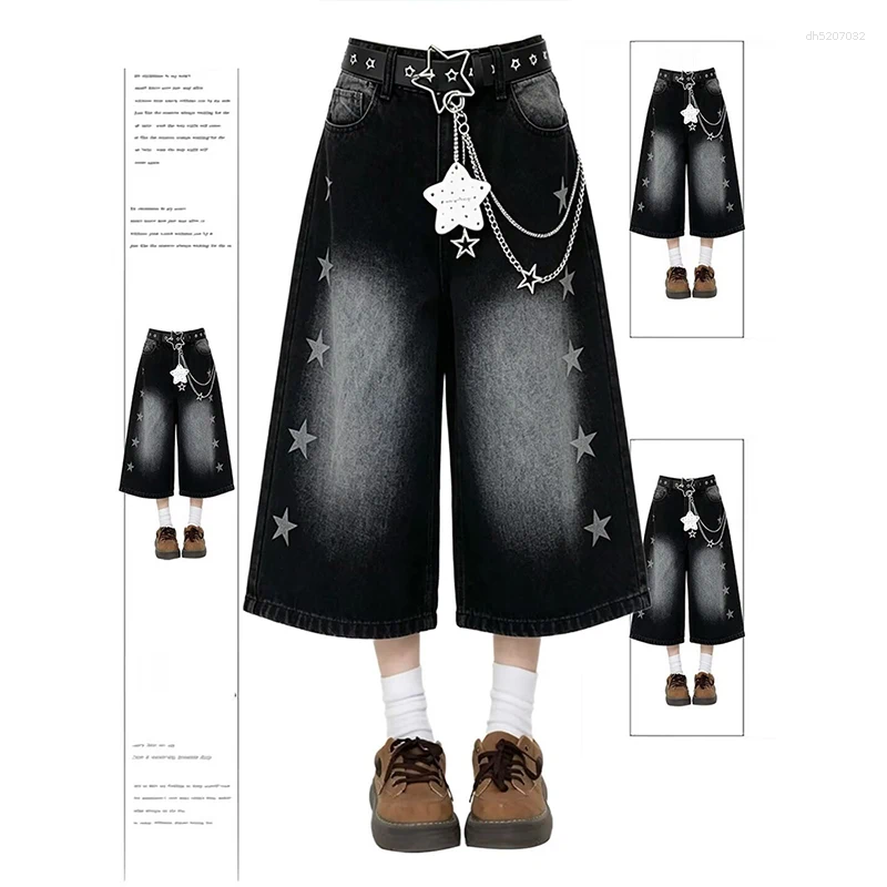 American Retro Star Print Black Denim Cropped Pants Women Summer Loose Shorts
