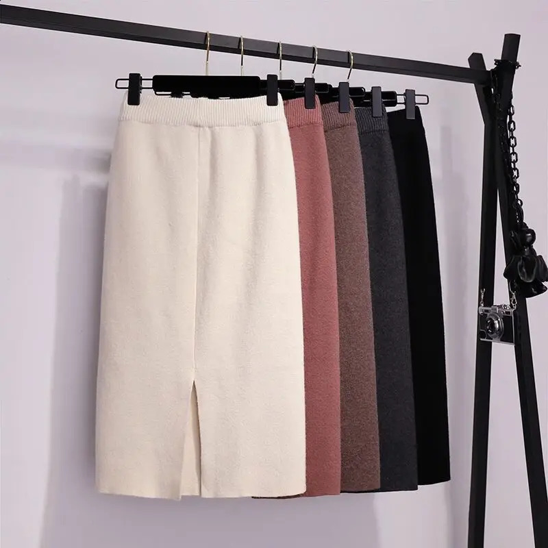 Korean Fashion Autumn Winter Women Solid Elastic High Waist Split Simplicity Casual Slim Midi A-line Hip Wrap Knitted Skirt 260917