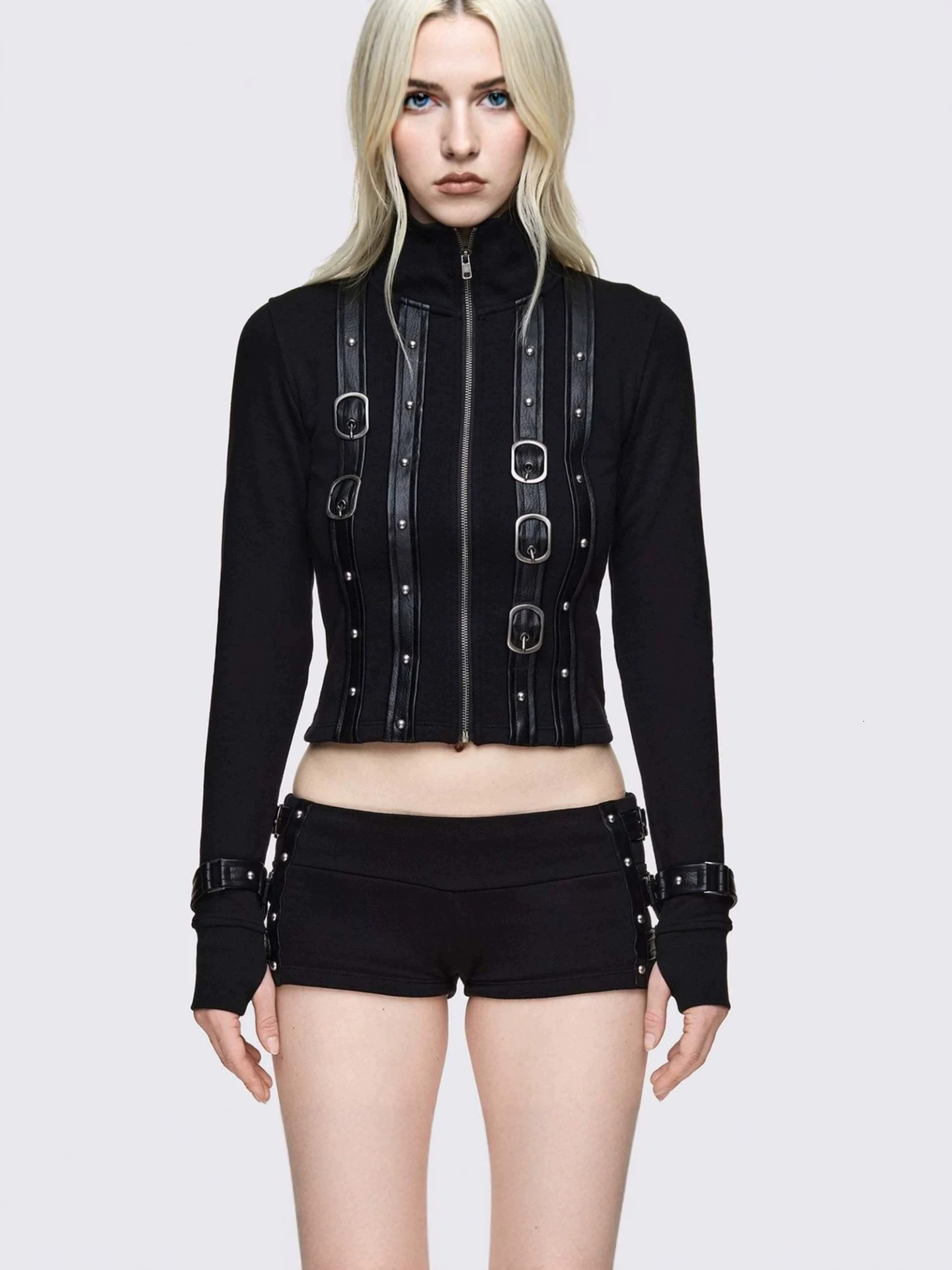 European and cross-border wholesale: American retro leather belt, short jacket, high-neck, long-sleeved, fitted, Y2K gothic black cardigan c3