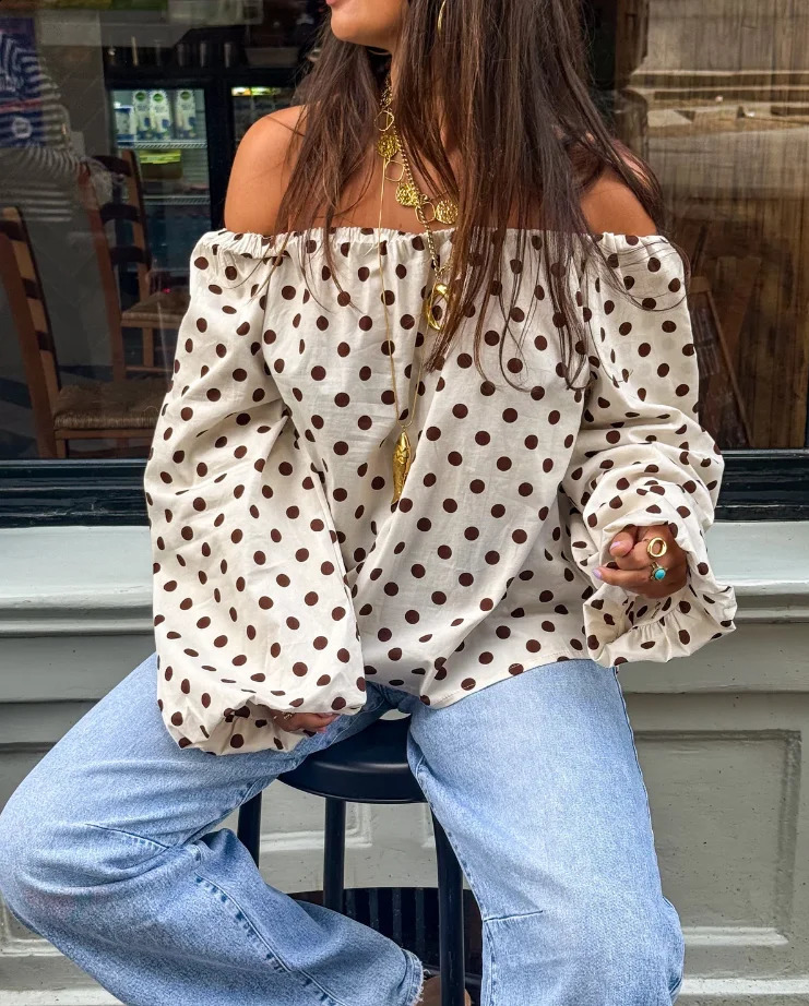 Women's Pullover Blouses Spring Fall Fashion Dot Print Long-sleeve Slash Neck Shirts For Women Vacation Top Femal Clothing 260917