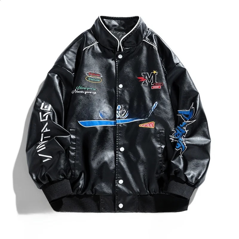 Men's Biker Jacket PU Leather Embroidered Air Force Pilot Coat Lettering Casual Style Zipper Closure Hooded Autumn Fashion 260917