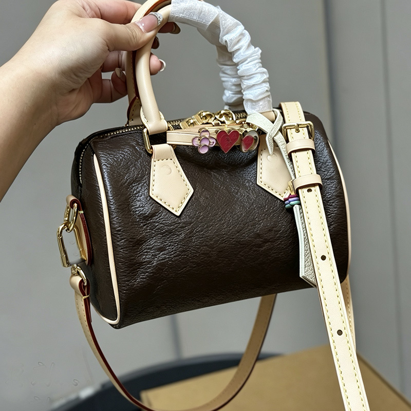 mini sac boston 18cm sac oreiller design haute qualité imprimé petit sac à bandoulière avec charmes panda fleur marron cuir toile broderie sangle