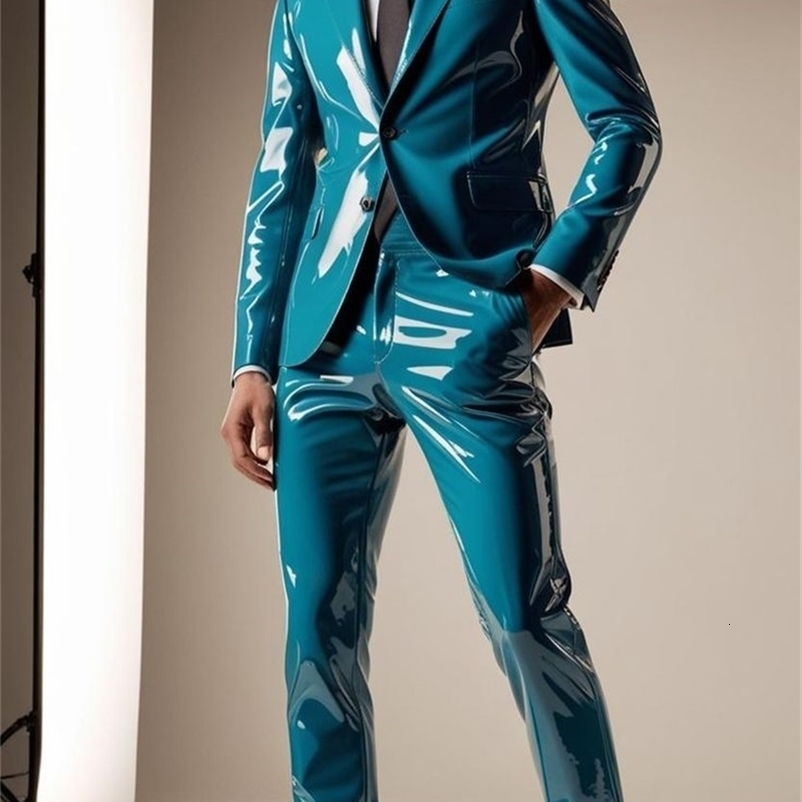 Blue PU Leather Men Suits Set 2 Piece BlazerPants Trousers Wedding Tuxedo Formal Office Groom Prom Jacket Business Coat 260903