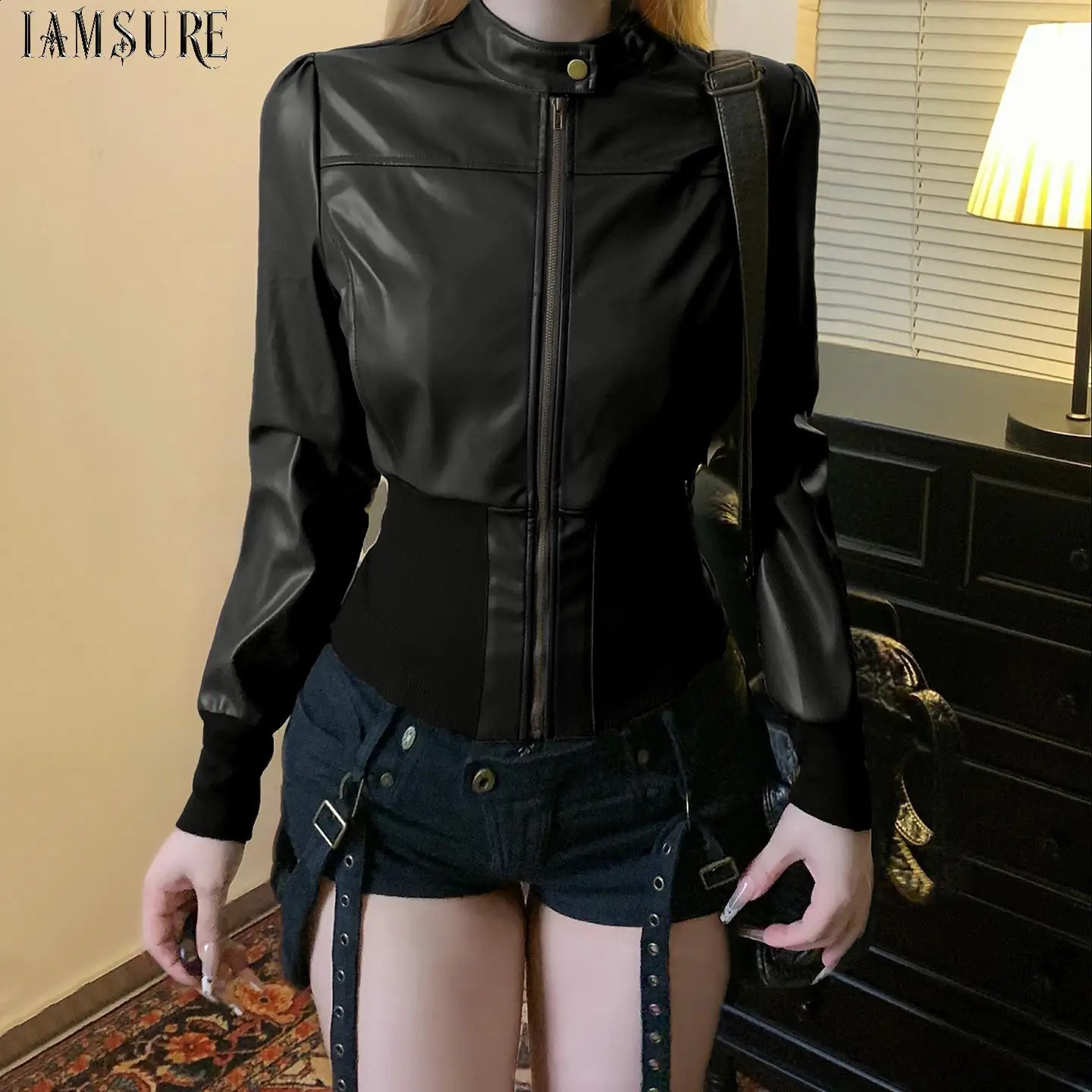 Womens Stand Collar Zip Up Faux Leather Jacket Elastic Waist Slim Cropped Moto Outerwear Gothic Dark Autumn Coat Streetwear 260918