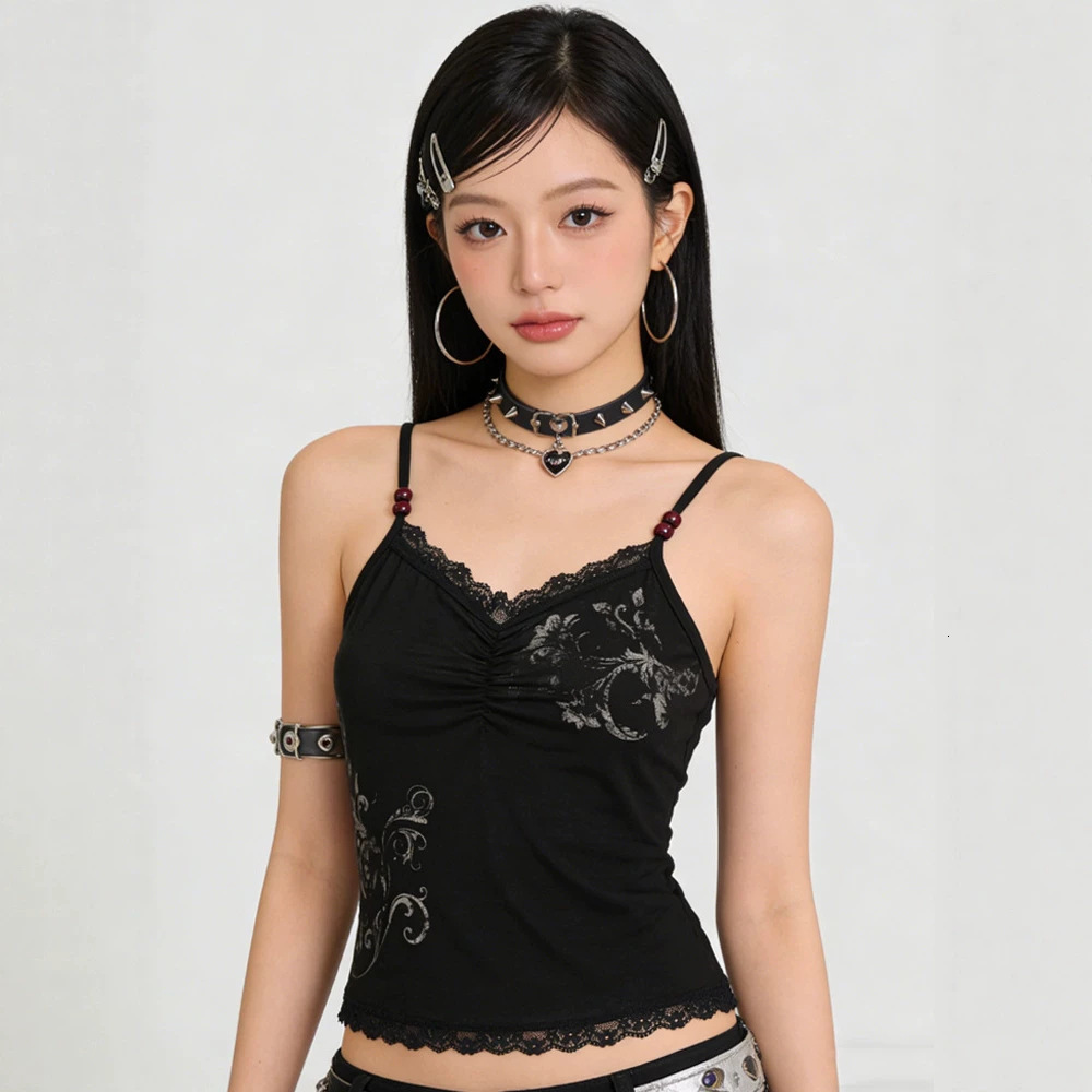 Cross-border retro Y2K floral print lace-trimmed tank top with Chinese-style beaded shoulder straps, slim fit f8