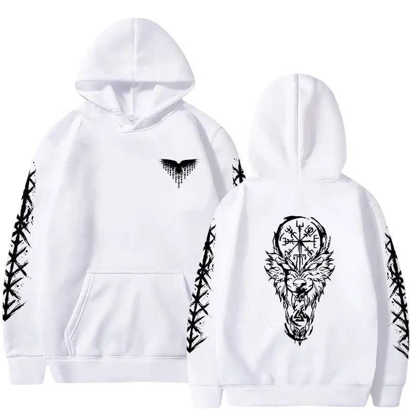 Fashion winter and autumn retro Nordic crow and wolf pattern printed hooded casual sports oversized men's hoodie S260918TWMG