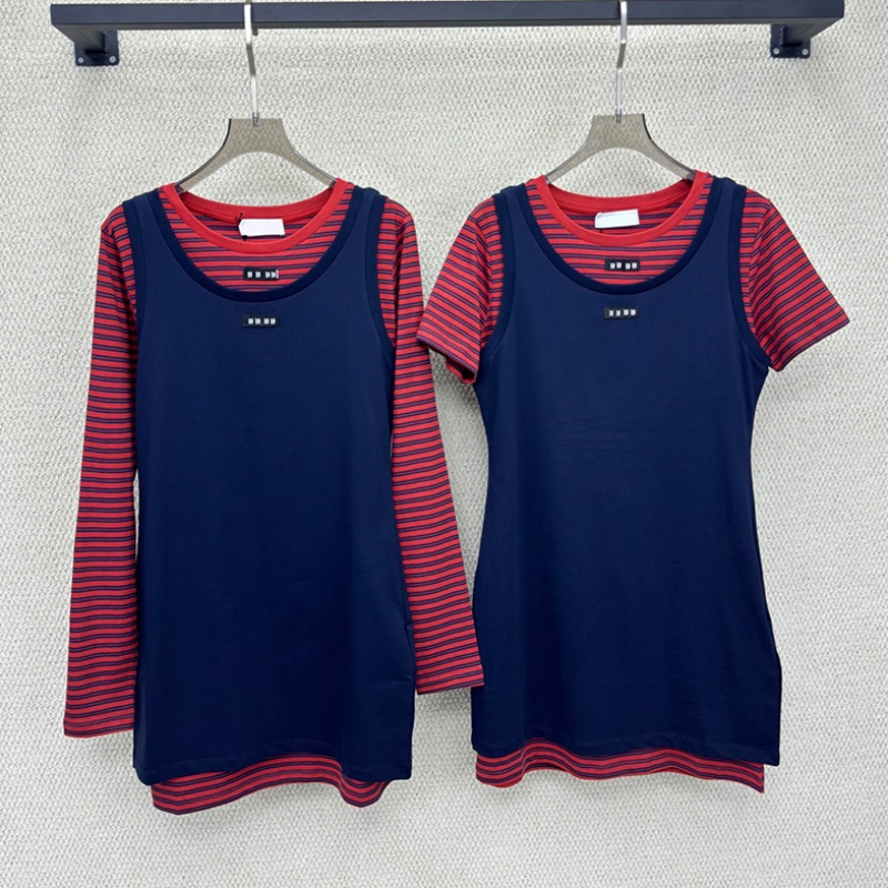 Designer Women Striped Dress Navy Tank Top 2 Piece Set Brand Letter Patch Round Neck Slim Fit Dresses Streetwear