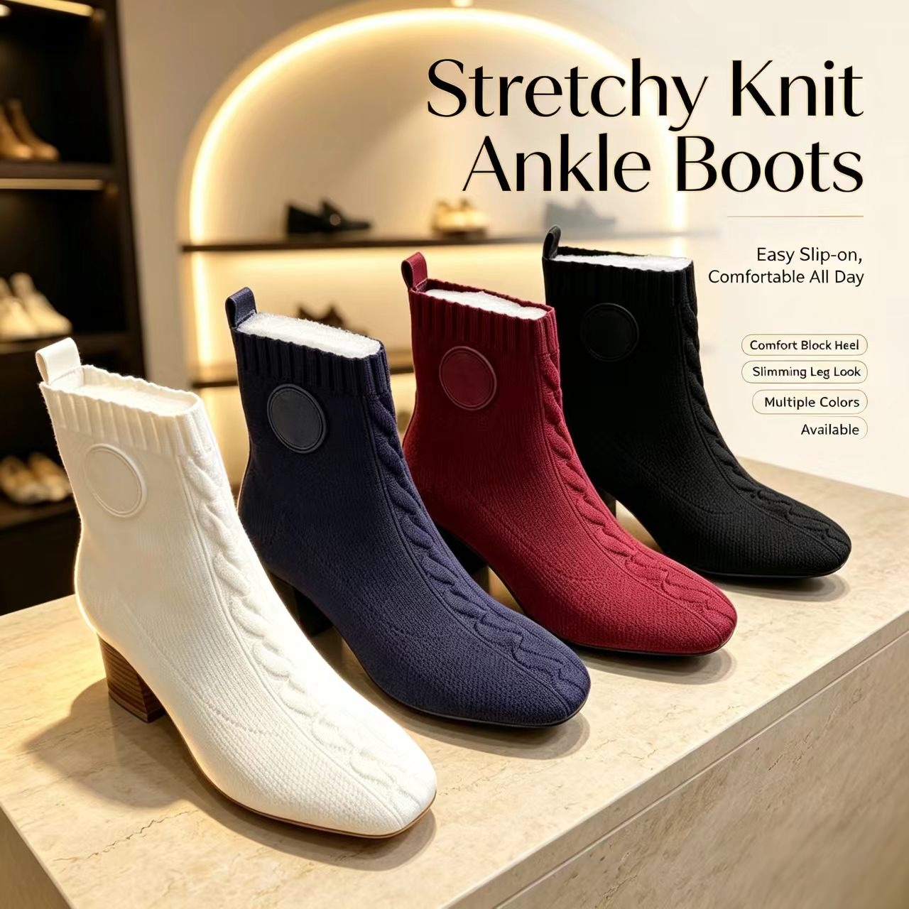 Women Cable Knit Ankle Boots Square Toe Chunky Heel Stretch Sock Boots Comfortable Slip On Dress Shoes for Fall Winter High Heels Everyday and Party