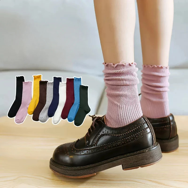 Solid Color Socks Women Sweet Girl Lolita Kawaii Cute Ruffle Socks Korean Style Harajuku Retro Streetwear Black White Gray Socks 260917
