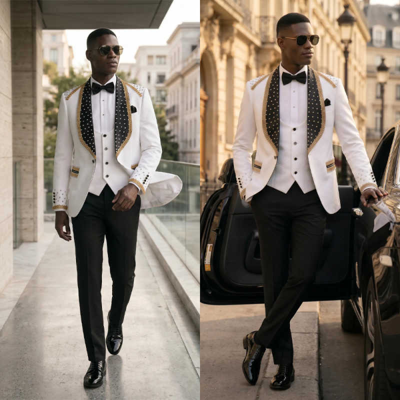 Elegant Mens Suits 3 Pieces Jacket Pants Vest Shawl Collar Beading Banquet Party Wedding Groom Wear Customized Chaqueta Hombre