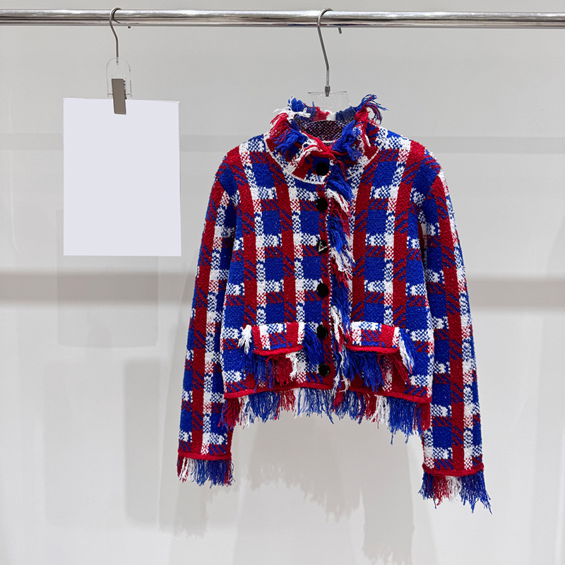 Women Plaid Tweed Style Jackets Fringe Raw Edge Cropped Coats with Pockets Vintage Autumn Party Short Outerwear for Women