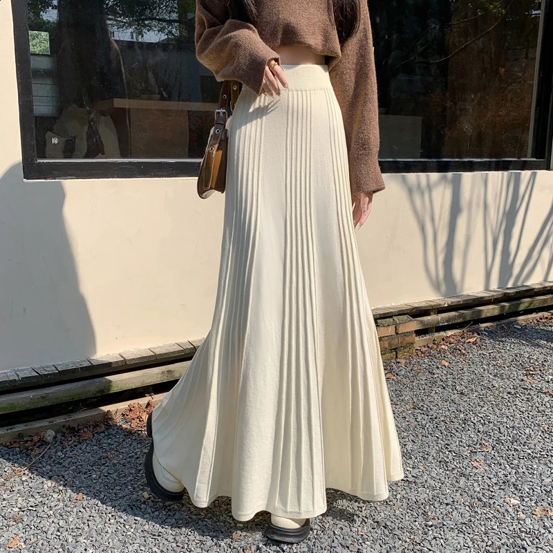 MEXZT Elegant Knitted Midi Skirt Women Fashion High Waist Black Pleated Skirts Fall Winter Ladies Korean Slim A Line Skirt 260917