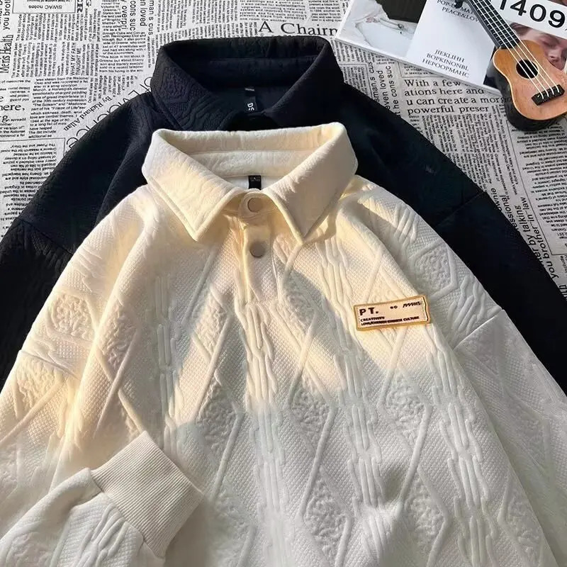 Casual Loose Long Sleeve Polo Shirt Sweatshirt Men's Spring Autumn Trendy Turn-down Collar Couple Embroidery Versat... 260917