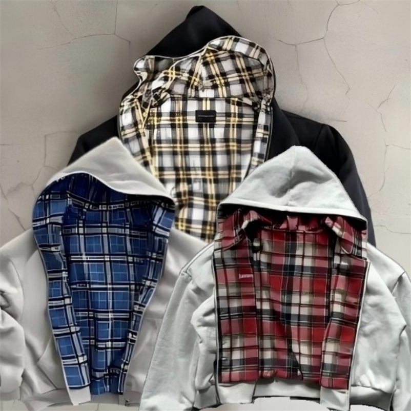 Y2K Korean Double-sided Plaid Oversized Zipper Hoodie Women's Retro Harajuku Casual Trend Couple Hoodie Simple Goth Sweatshirt 260903