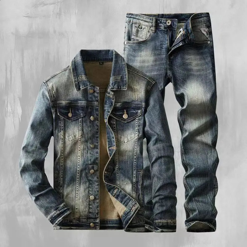 Spring Autumn American Denim Coats Set Classic Simple and Versatile Washed Elastic Cowboy Jeans Clothes For Men 260918