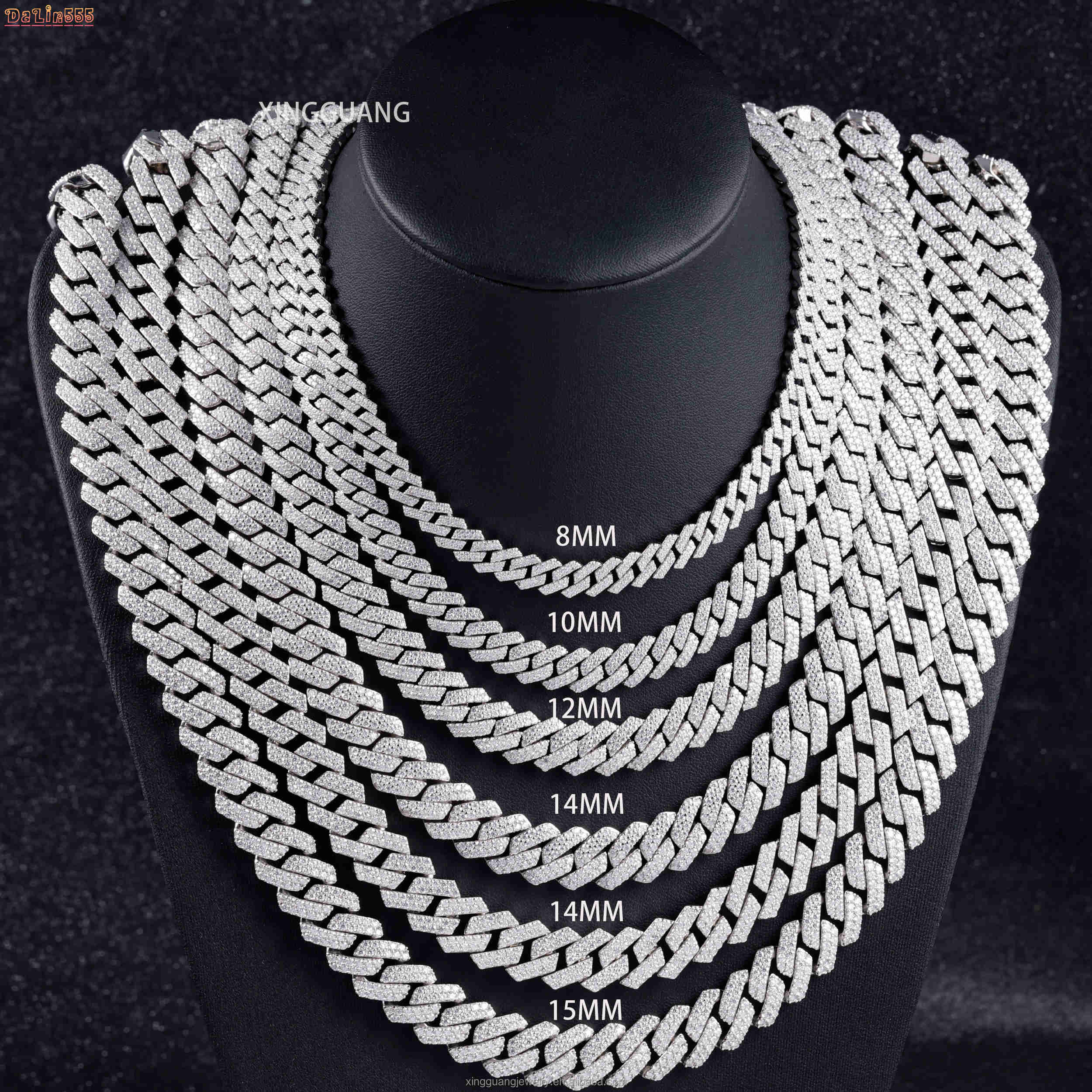 8mm/10mm/12mm/15mm/18mm 925 Silver Cuban Link Chain 2-Row VVS Moissanite Diamond Hip Hop Style Iced Necklace for Men/Women