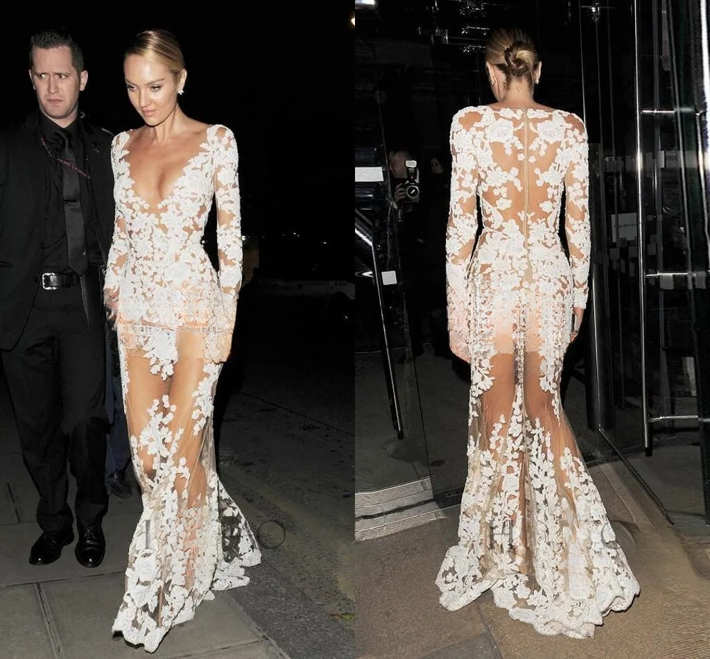 Sexy Michael Costello Celebrity Evening Deep V Neck Long Sleeves Appliques Tulle See Through Illusion Nude White Prom Dresses