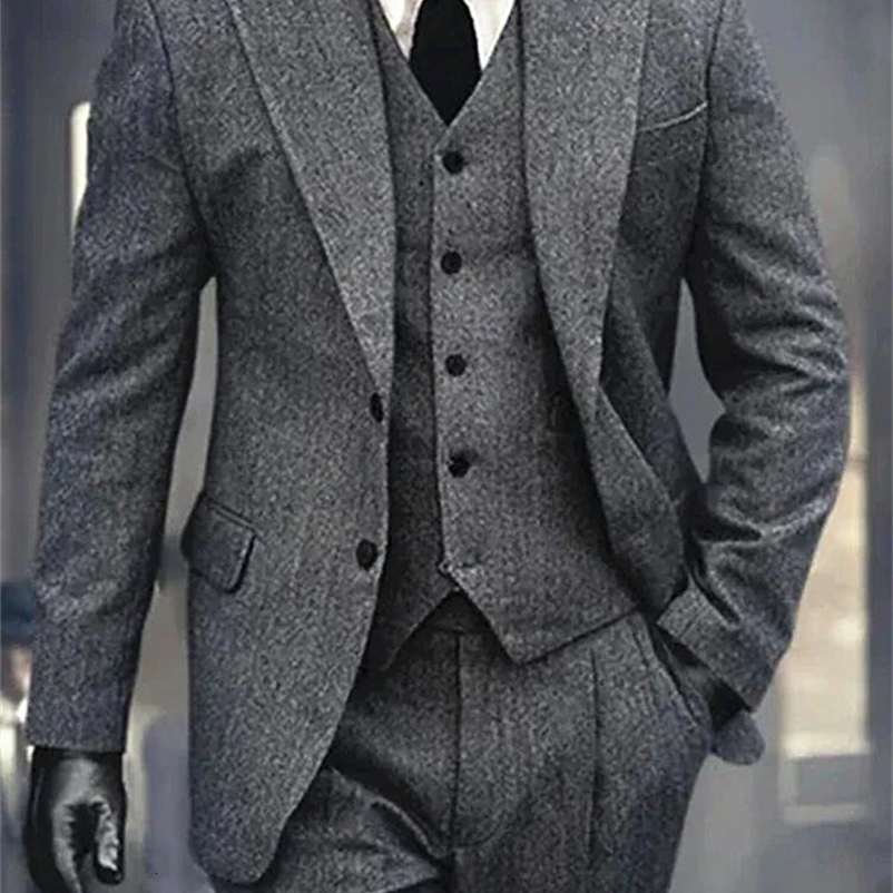 3 Pieces Men's Grey Herringbone Suits Formal Slim Fit Lapel Tweed Prom Tuxedos For Wedding Groomsmen BlazerVestPants 260903