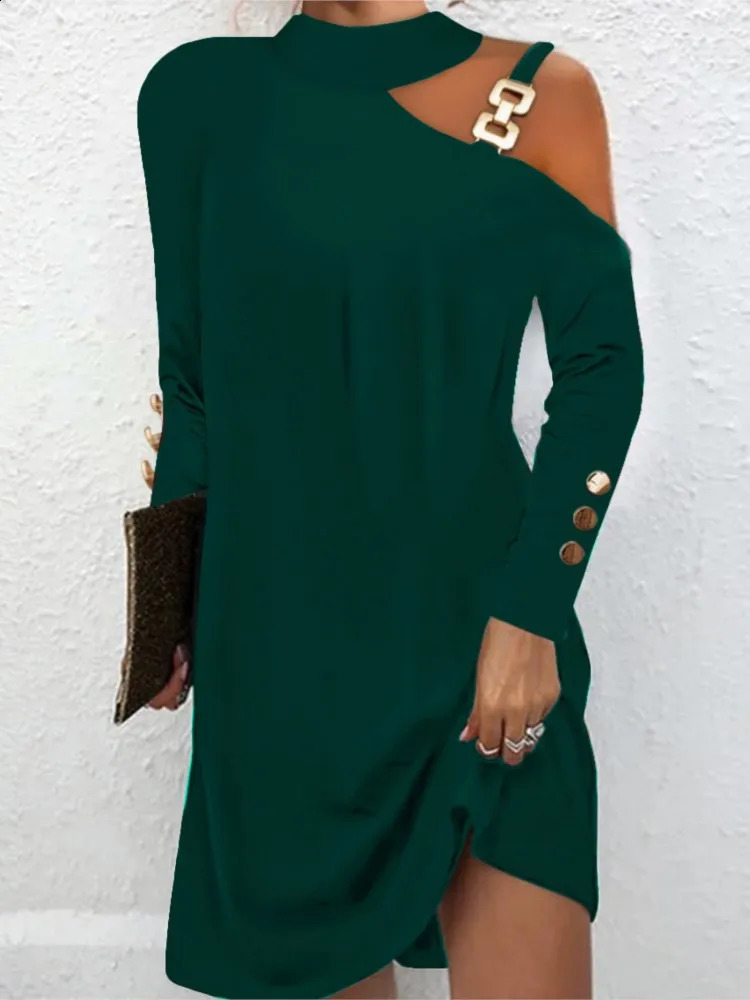 Fashion Women Solid Casual Dress Autumn Winter Female Elegant Long Sleeve Metal Buckle Halter Neck Casual Mini Dress Robe Femme 260917