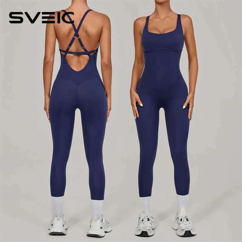 SVEIC Jumpsuit Yoga Adjustable Shoulder Strap Backless Cross Fitness Workout Leggings One Piece Bodysuit Sport Gym Women Clothes Q260917