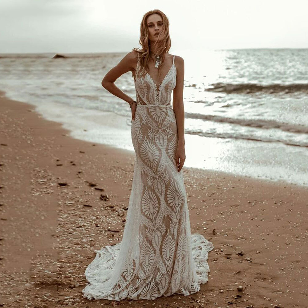 Bohemian Beach Sexy Mermaid Wedding Dresses Bridal Gowns Spaghetti Straps Deep V Neck Boho Sweep Train Full Lace Open Back Plus Size African Nigeria