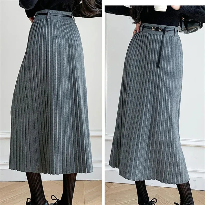 Fashion Temperament Gray Knitted Long Skirt Women Korean High Waisted Office Lady Midi Skirts All-Match Slimming Pleated Skirts 260917
