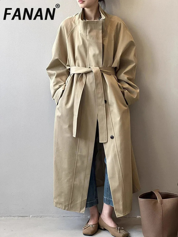 FANAN Office Lady Belt Gathered Waist Trench Women's Stand Neck Single Breasted Fashion Windbreaker Female Coats 2025 Spring 260917