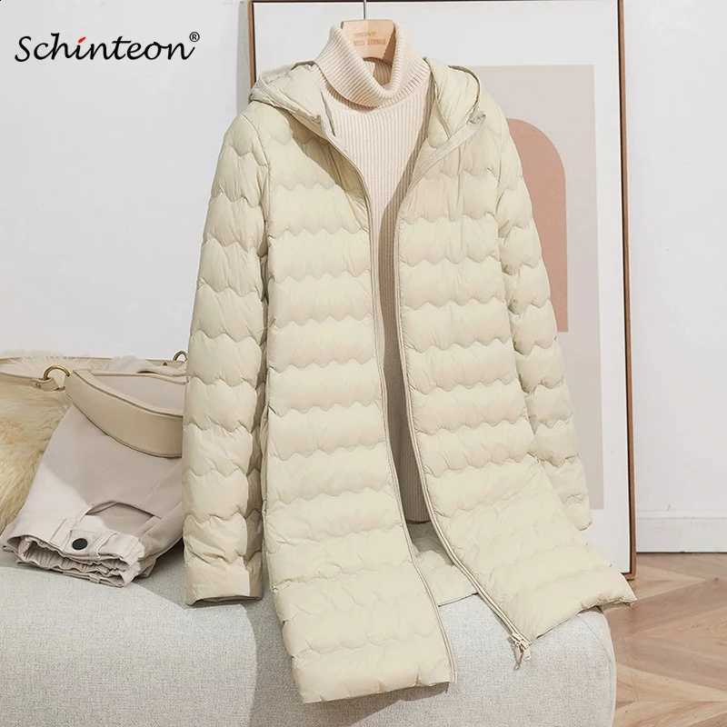 Schinteon Women's Lightweight 90% White Duck down Long Jacket with Hood Casual Autumn Winter High Qaulity Outwear Coat 2026 New H260917