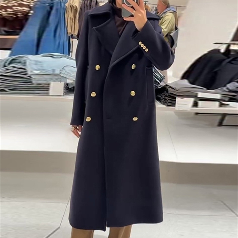 Elegant Long Blue Woolen Coats Women Loose Lapel Double Breasted Full Sleeve Pocket Overcoat Winter Street Commute Outwear 260917