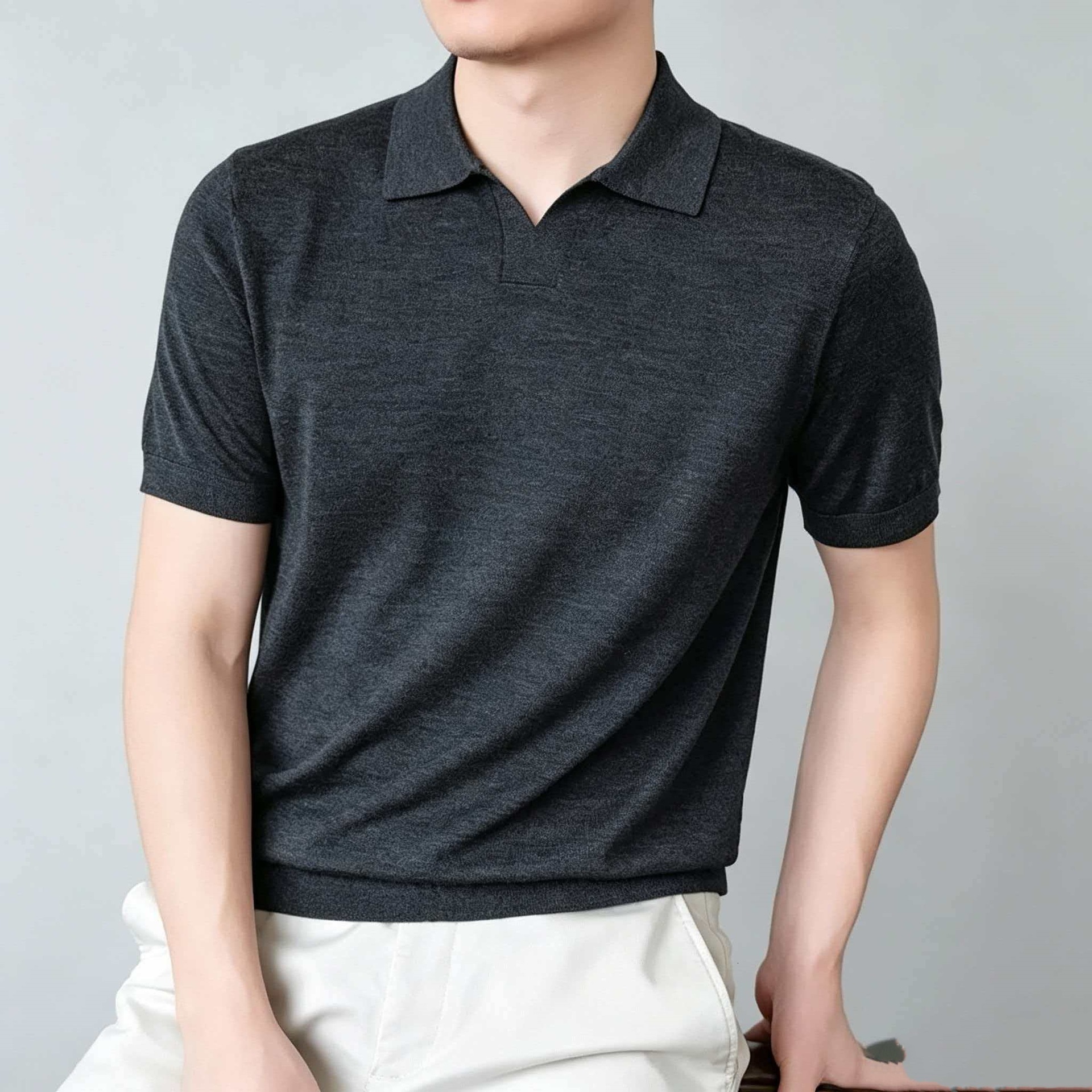 wool-blend men's thin short-sleeve seagull collar knit sweater, 2026 spring and autumn new men's base shirt