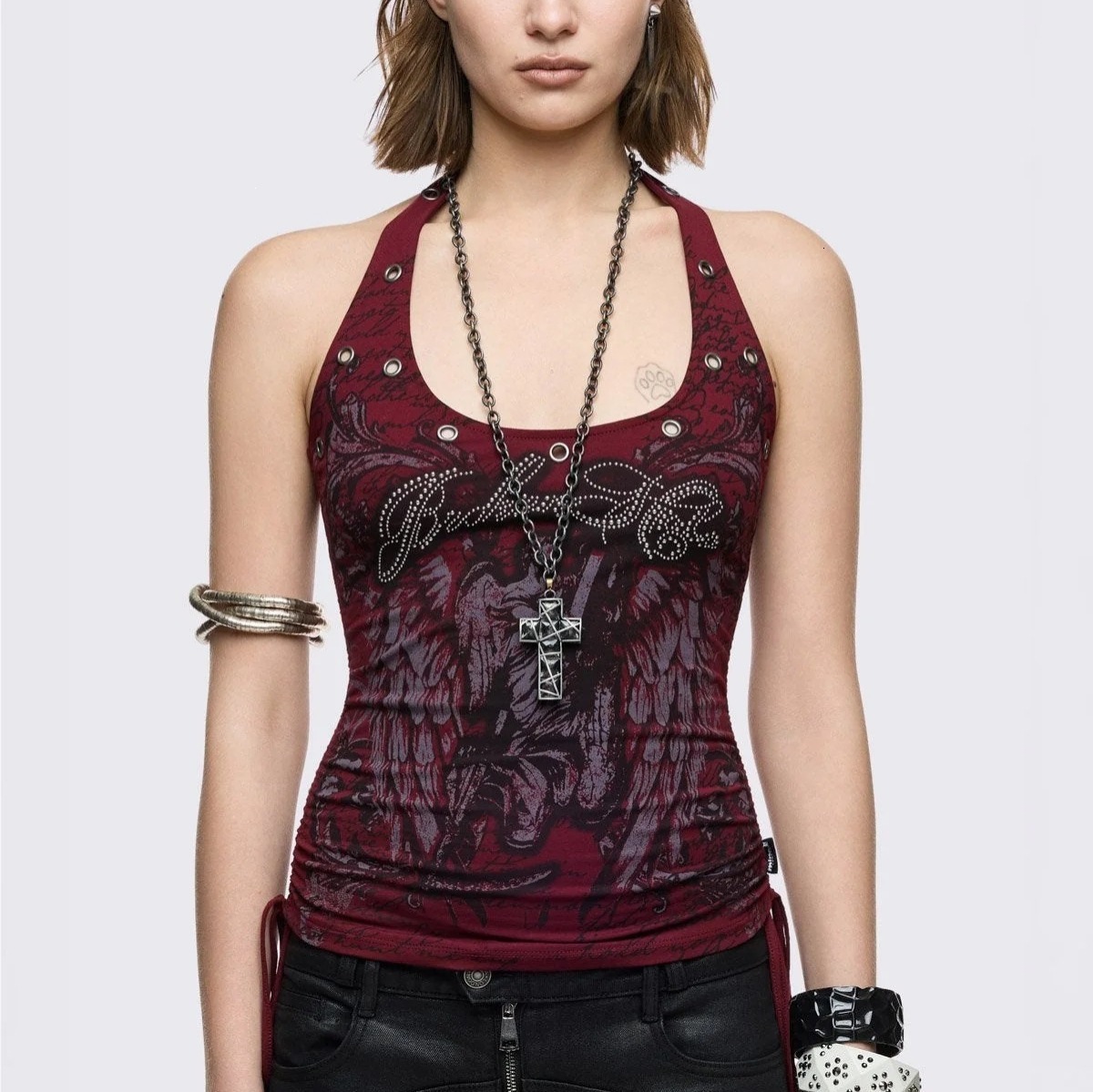 American street style, dark punk, retro, sexy, sleeveless, halter-neck, large U-neck, hot girl top, vest with wing print 07
