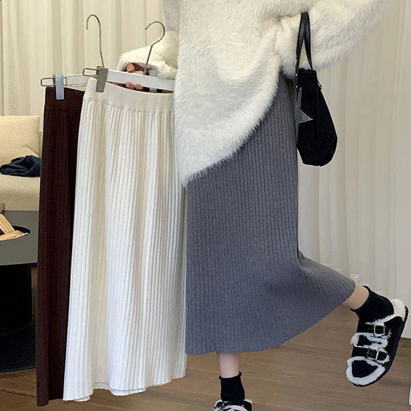 Autumn Winter Ribbed Knit Sweater Skirt for Women Solid Soft Cozy Straight Skirts Woman Stretch High Waist Midi Skirt Daily Wear 260917