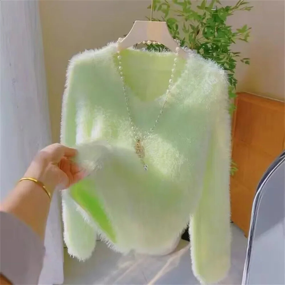 Korean Sweaters Women Fashion Casual Mink Fur V-neck Pullover Female Autumn Winter Loose Sweater women's Clothing 260917
