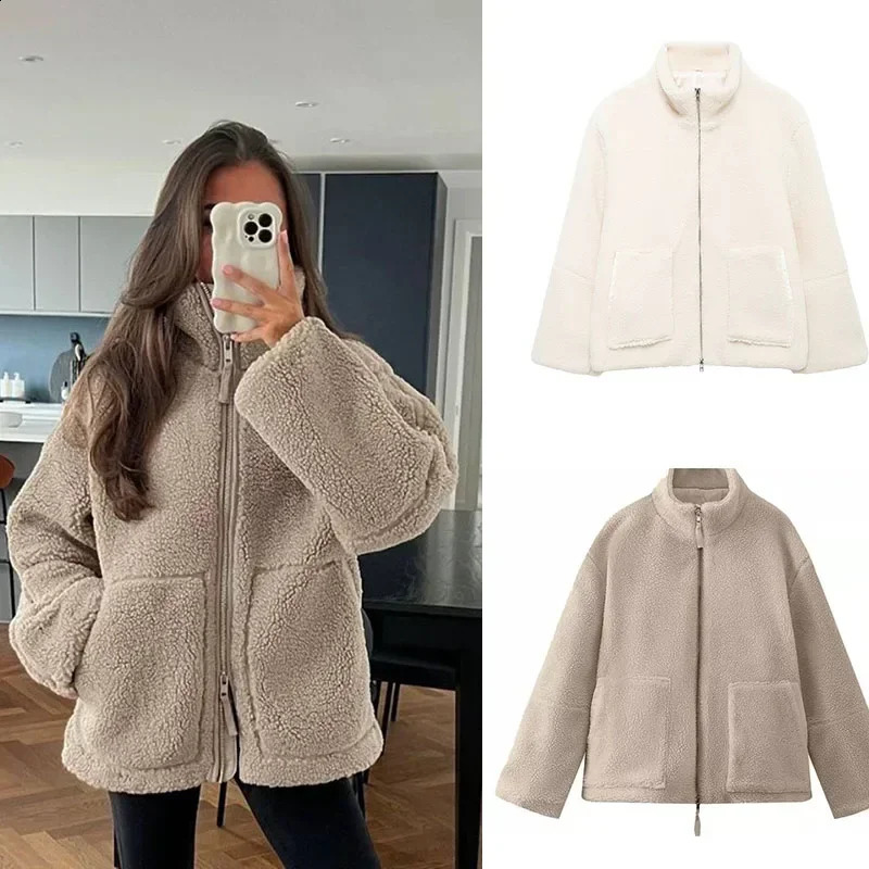 Lamb Wool Jacket Women Winter Fashion Stand Collar Zipper Pocket Long Sleeve Tops Warm Thicken Fleece Coat Streetwear Overcoats 260917