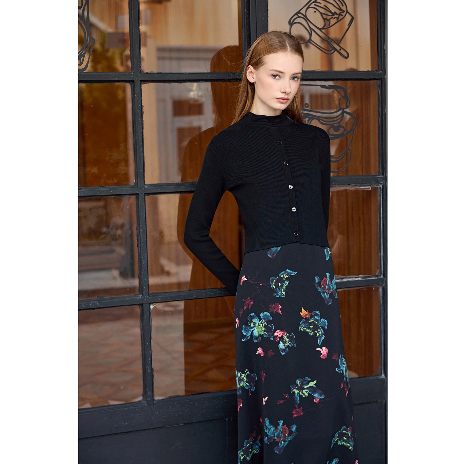 AP Women 2026 Autumn and Winter Printing Satin Dress Knitting Cardigan Mock Neck Modal Shirt 260917