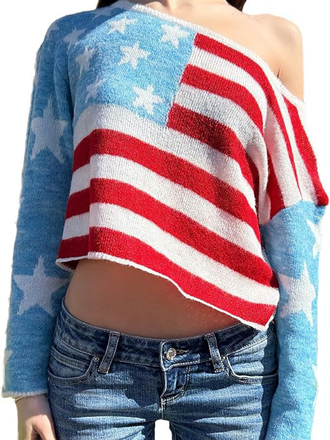 Cross-border autumn winter new collection: fashionable sexy long-sleeved sweater with a flag design and contrasting colors, featuring an asymmetrica