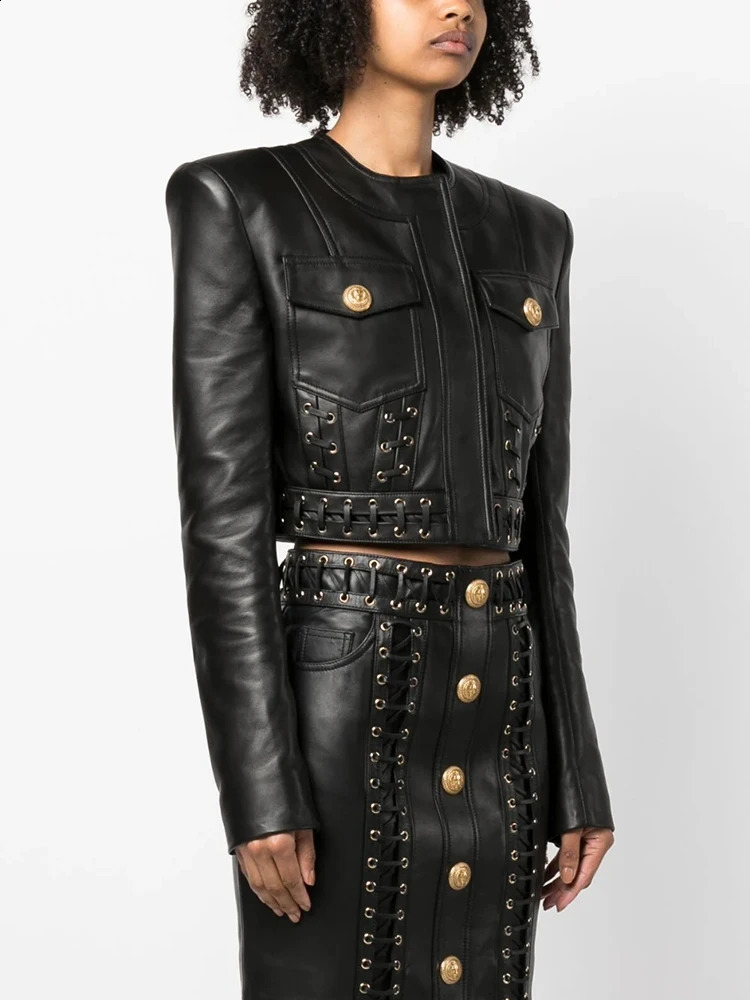HIGH STREET est Fashion 2026 er Blazer Women's O-neck Rope Lace-Up Trimmed Artificial Leather Jacket 260917