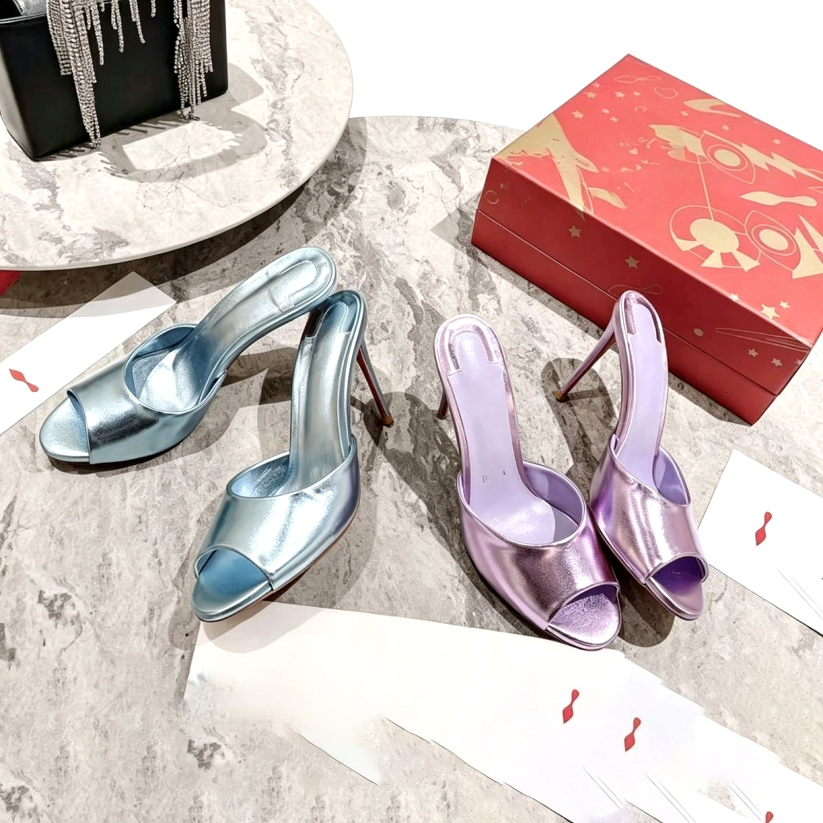 Women's Comfort open toe backless Stilettos Luxury high-quality Glossy Patent Leather Slip on sandals Designer Fashion summer outdoor Dress sho