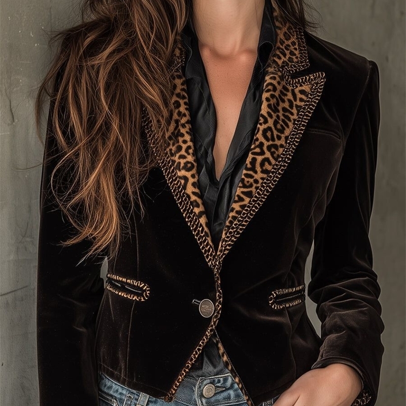 Nothched Collar Leopard Jacket for Women's Autumn Fashion Single Button Slim Velvet Vintage Elegant Office Lady Short Coat 260917