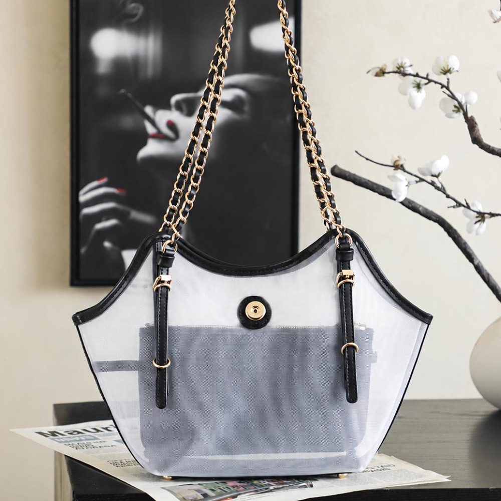 Sheer Shoulder Bag Lightweight Mesh Leather Trim Chain Tote with Inner Pouch for Resort and Weekend Outings Top-Tier Designer New Arrival